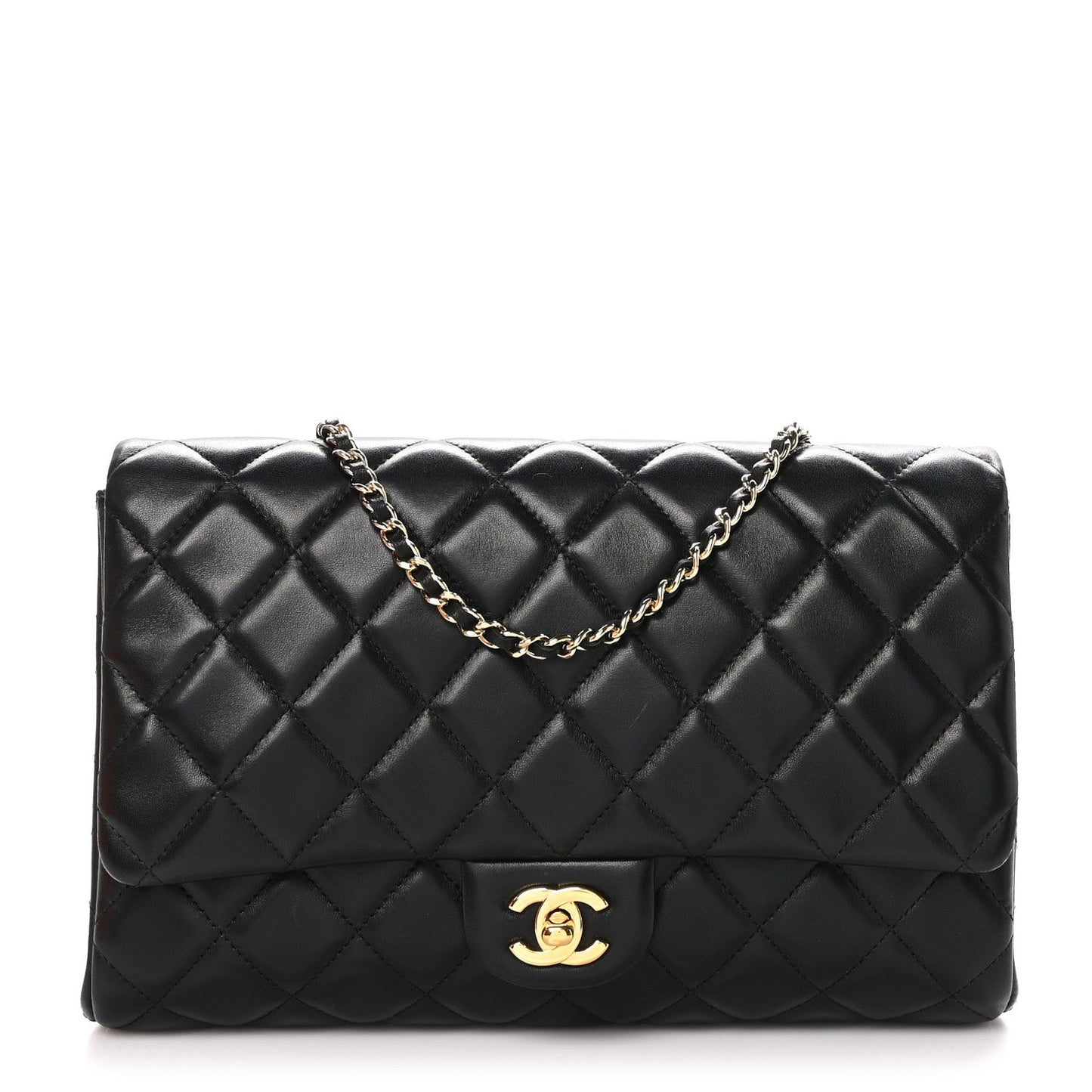 Lambskin Quilted Clutch With Chain Flap Black