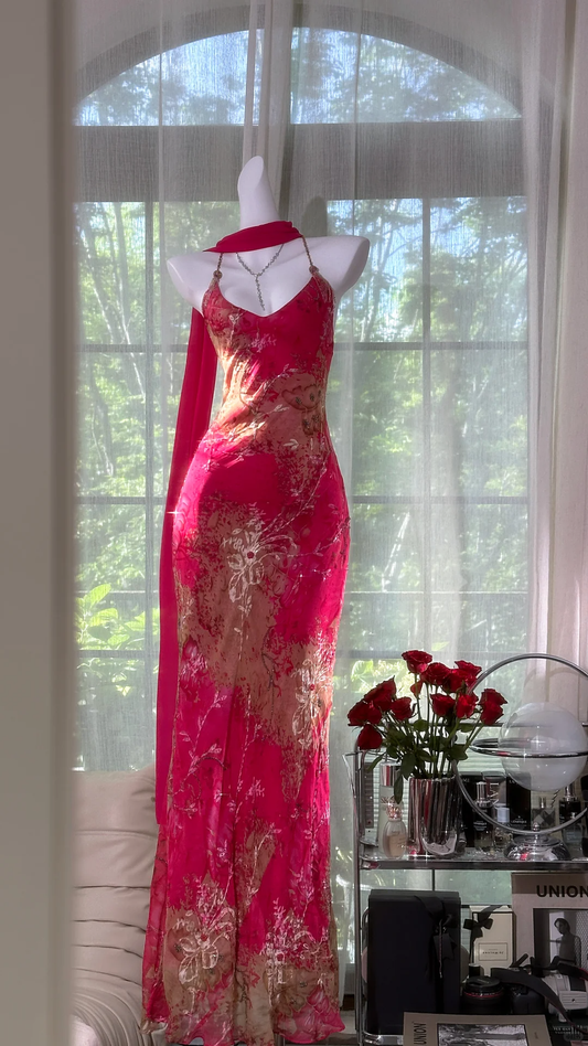 Vintage Red Floral Long Prom Dress Sheath Chiffon Spaghetti Strap Backless Formal Dress TP4552