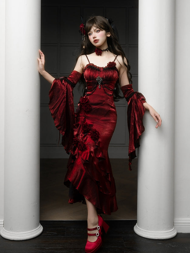 Beautiful Burgundy Spaghetti Strap 3D Rosette Detachable Flounce Sleeves Design Satin Prom Dress Evening Dress TP2764