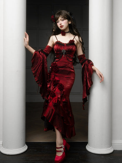 Beautiful Burgundy Spaghetti Strap 3D Rosette Detachable Flounce Sleeves Design Satin Prom Dress Evening Dress TP2764