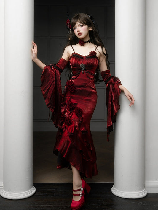 Beautiful Burgundy Spaghetti Strap 3D Rosette Detachable Flounce Sleeves Design Satin Prom Dress Evening Dress TP2764