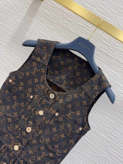 LV 25 Classic Logo Denim Vest Dress Black Cotton