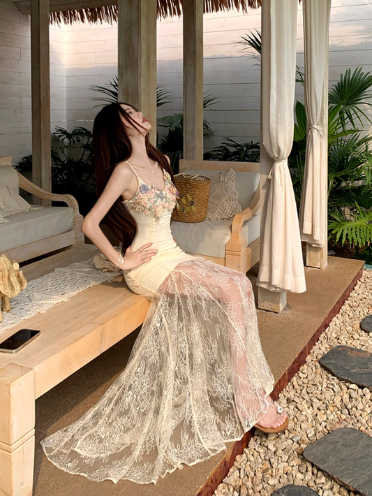 Fairy V-neck suspender dress heavy three-dimensional flower lace embroidery fishtail long skirt R1749
