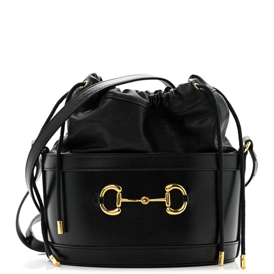 Azalea Sakai Calfskin Horsebit 1955 Drawstring Bucket Bag Black