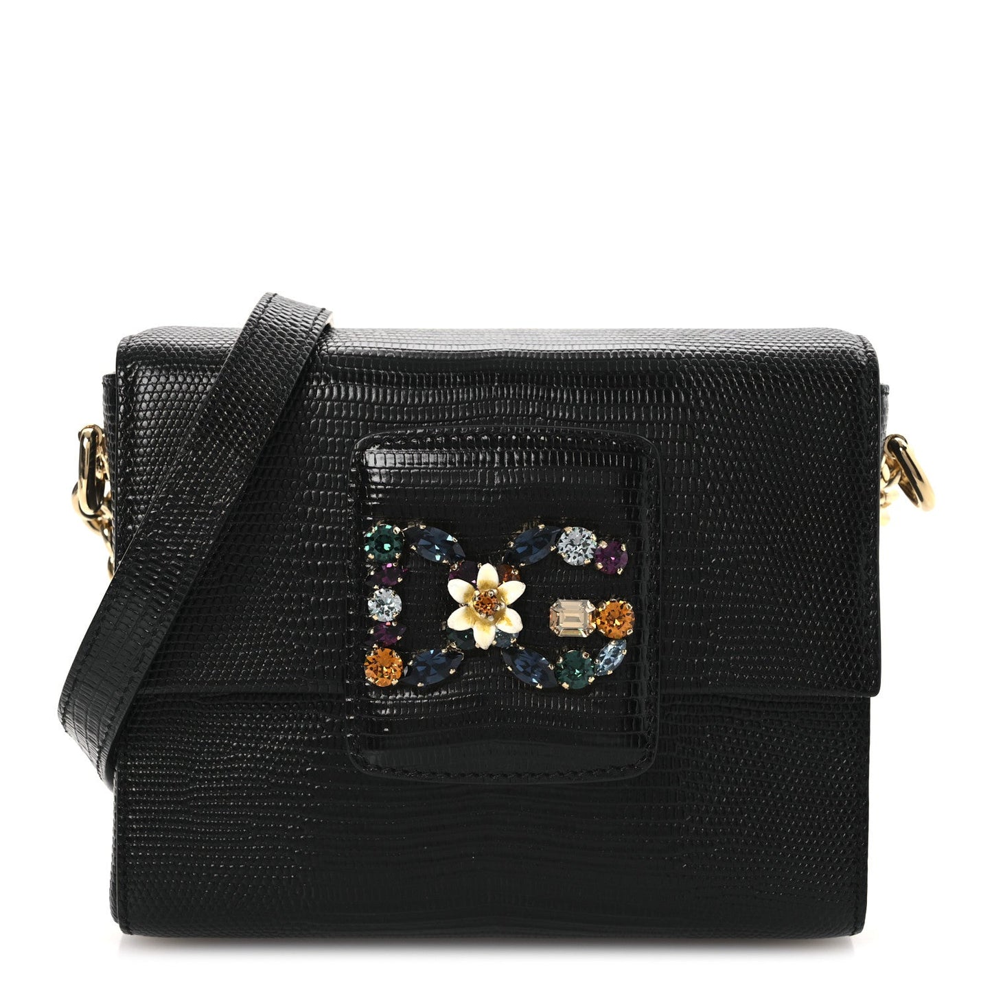 Lizard Embossed Crystal Embellished DG Millennials Mini Crossbody Bag Black