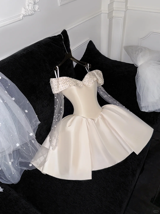 Elegant Ivory Off-the-shoulder Simple Design A-Line Satin Short Homecoming Dress Party Dress TP4192
