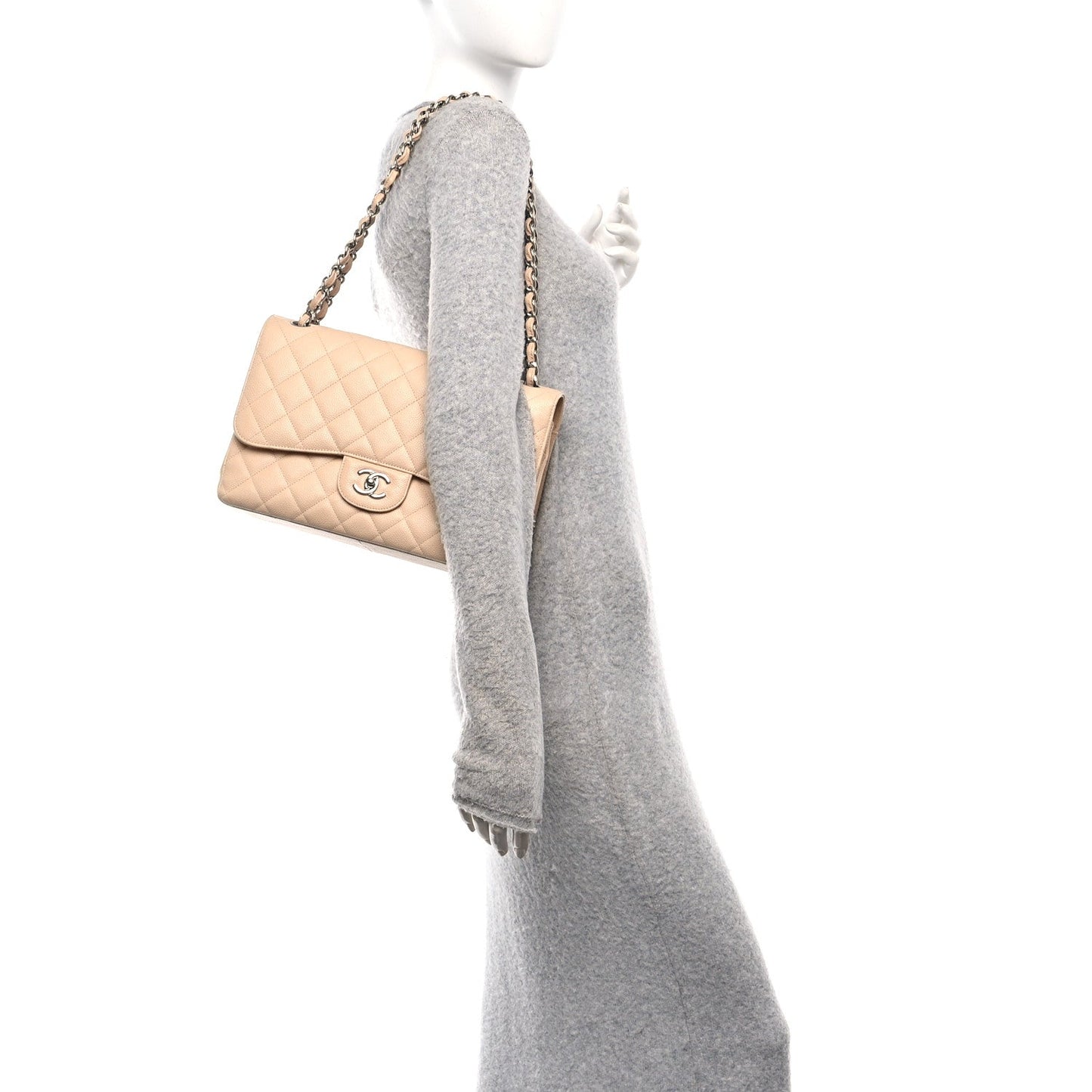 Caviar Quilted Jumbo Double Flap Beige