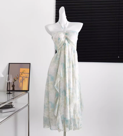 Beach holiday long dress slim halter neck dress temperament high-end tube top dress R0009