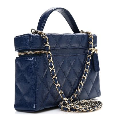 Caviar Quilted Top Handle Slim Vanity With Chain Navy