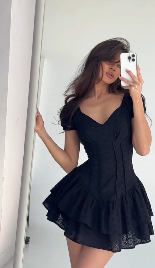 Black short sleeve V neck waist A-line mini skirt homecoming dress R3602