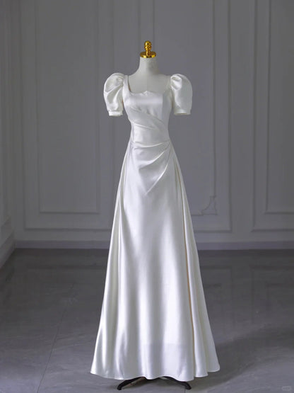 White Satin Short Sleeves A-line Wedding Party Dress, White Satin Formal Dress
