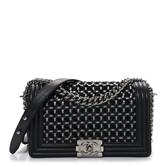 Calfskin Patent Braided Medium Boy Flap Black