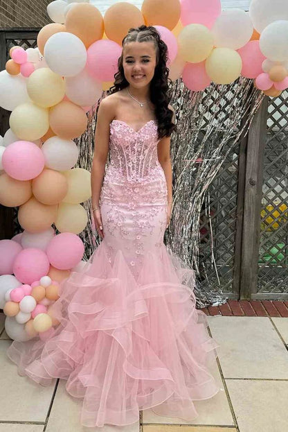 Vintage Pink Applique Strapless Sequin Evening Gown Mermaid Sweetheart Party Dress Long Formal Dress TP4972