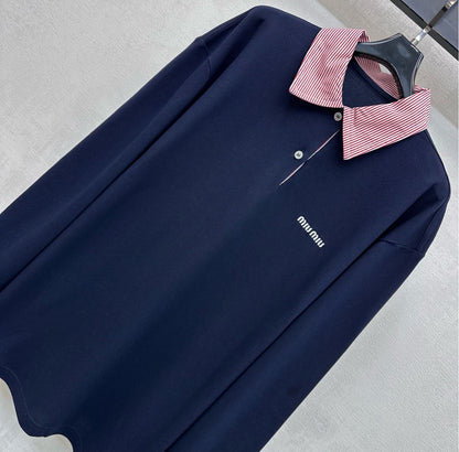 Miu SS26 Piqué Oversize Polo Shirt Navy Blue Cotton 350370