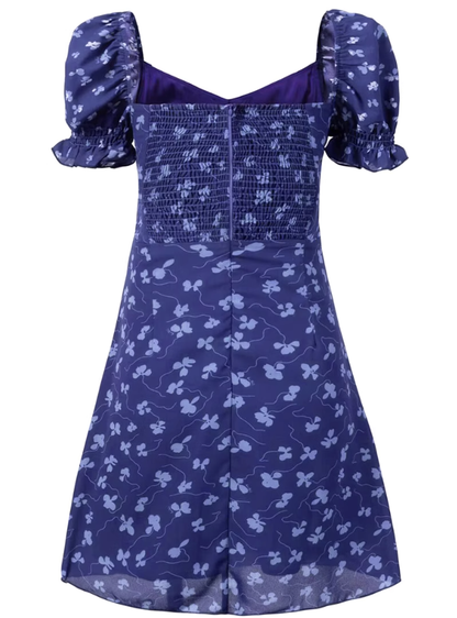2025 Summer New Purple Floral Square Neck Puff Sleeve Retro A-line Short Dress R0949