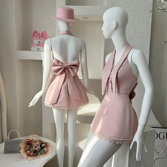 Pink halter neck bow back sexy cute skirt homecoming dress R2564