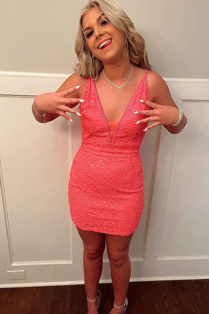 Bodycon Purple Sequin Fitted Lace Up V-Neck Homecoming Dress Short Tight Party Dress