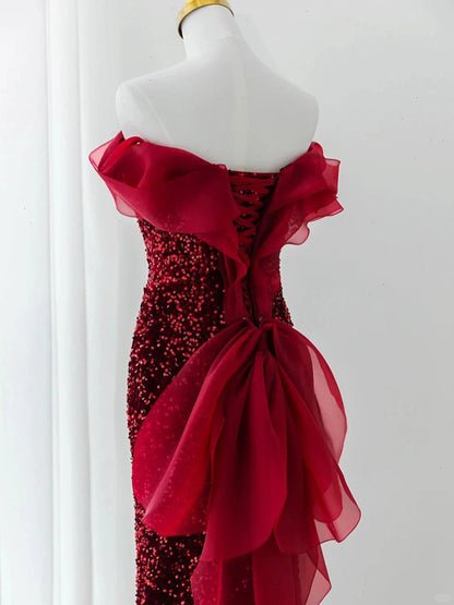 Wine Red Sequins Mermaid Long Party Dress, Off Shoulder Sweetheart Prom Dress
