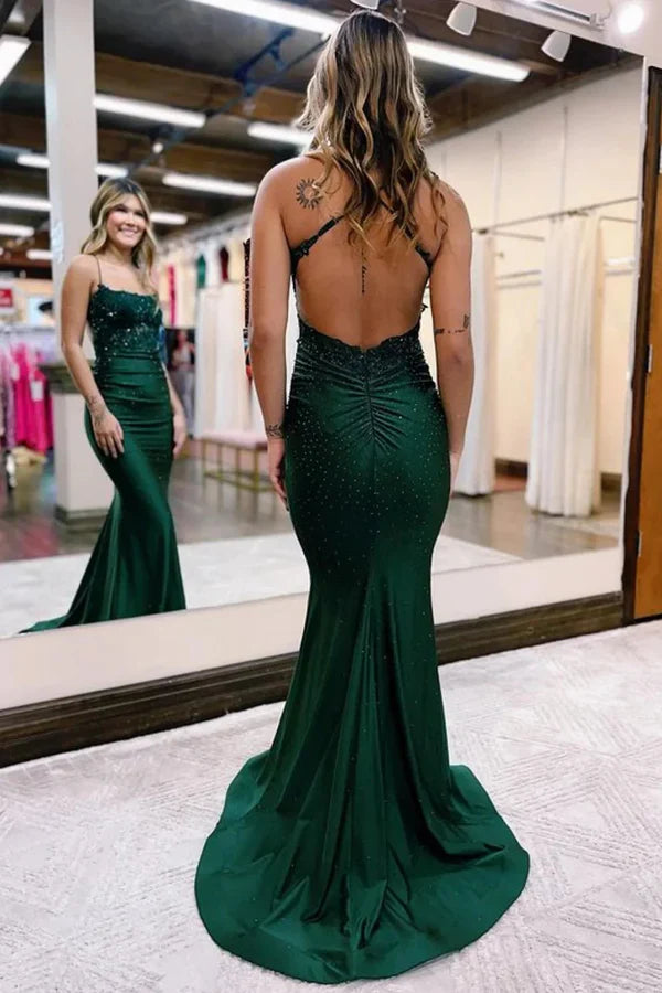 omberprom Mermaid Evening Dress Spaghetti Straps Dark Green Long Prom Dress with Appliques