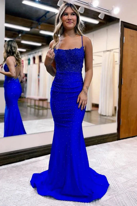 omberprom Mermaid Evening Dress Spaghetti Straps Dark Green Long Prom Dress with Appliques