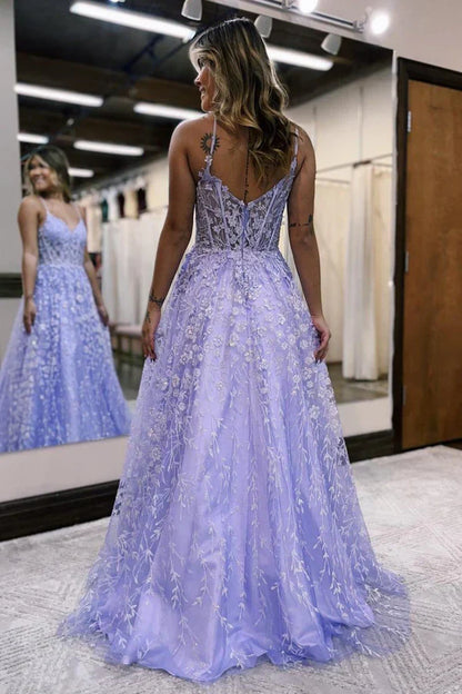 omberprom A Line Evening Dress Spaghetti Straps Lilac Corset Prom Dress with Appliques