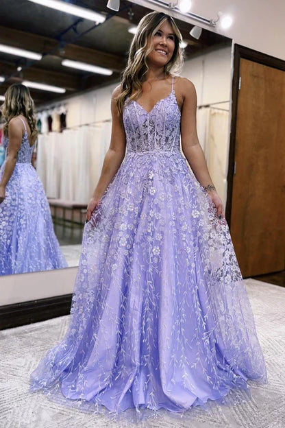 omberprom A Line Evening Dress Spaghetti Straps Lilac Corset Prom Dress with Appliques