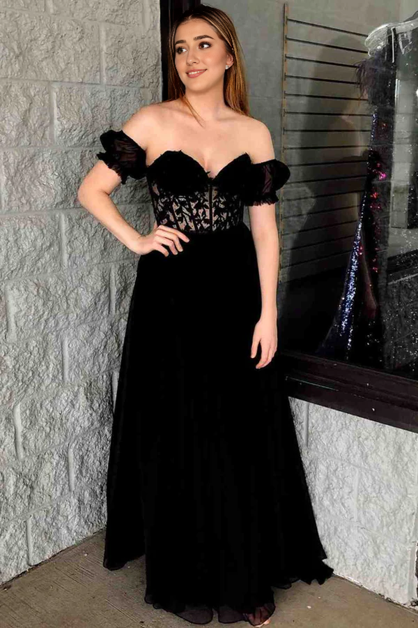 omberprom Elegant Off-Shoulder A-line Evening Dress Chiffon Applique Lace-Up Long Prom Dress
