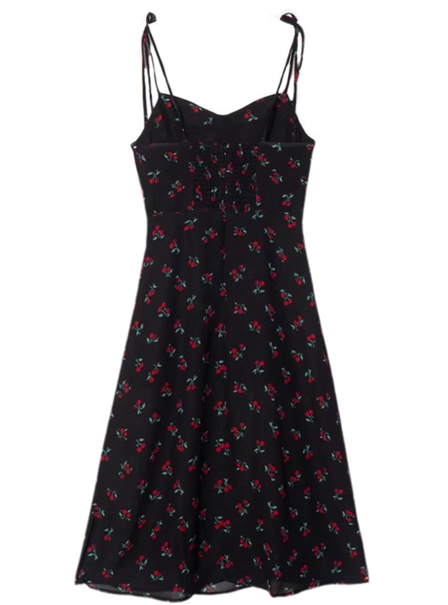 2025 Summer New French Retro Black Cherry Floral Slimming Suspender Dress R0979