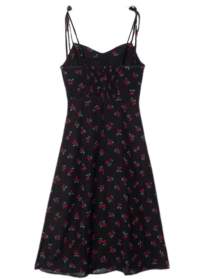 2025 Summer New French Retro Black Cherry Floral Slimming Suspender Dress R0979