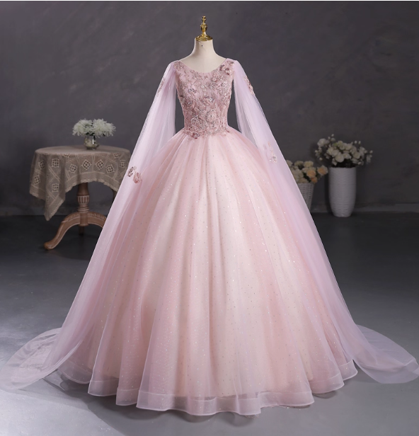 Princess Light Pink Crew Neck Cape Embroidered Tulle Ball Gown Evening Dress Sweet 16 Dress P4401