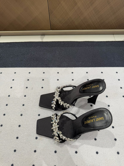 HIGH RHINESTONE CROSS STRAP MULES IN BLACK SILK