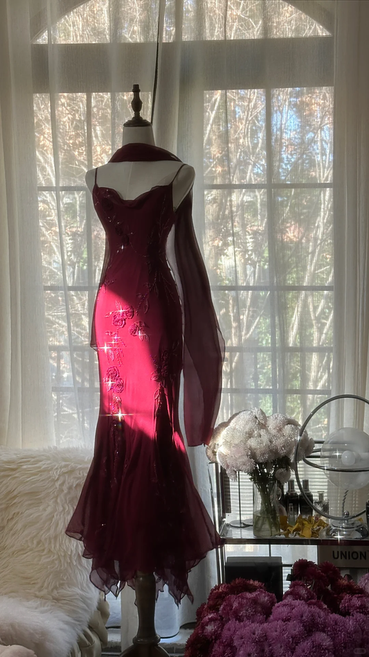 Elegant Burgundy Spaghetti Strap Gorgeous Beaded Sparkling Chiffon Evening Dress Prom Dres TP3973