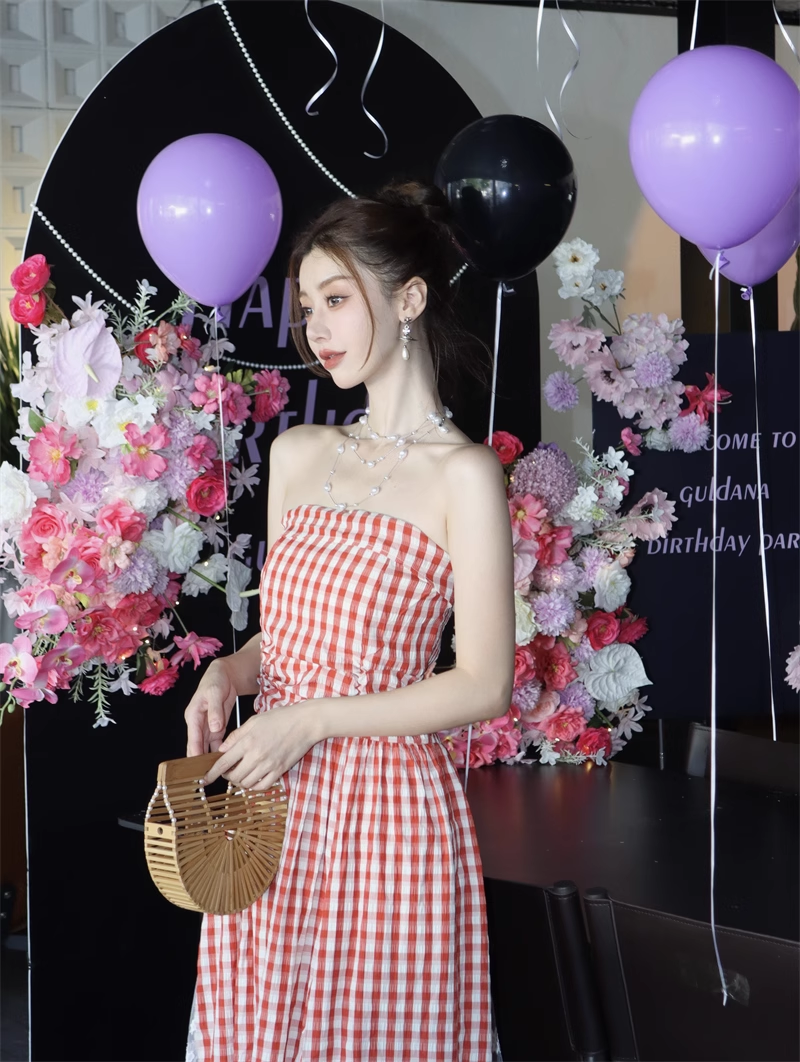 New Fashion Red Plaid Lace Patchwork Design Beach Holiday A-line Sleeveless Strapless Dress TP3378