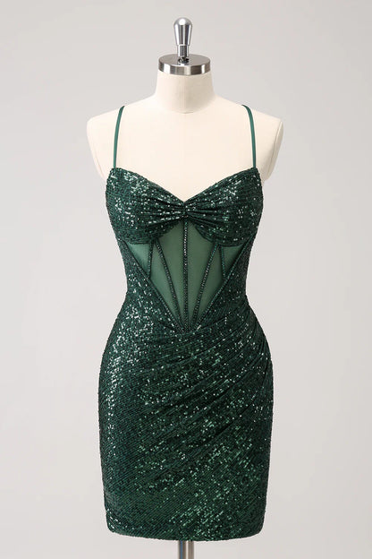 Liymcdress Homecoming Dress Sparkly Unique Dark Green Tight Sequin Corset with Lace Up Back