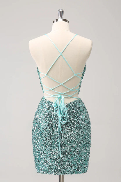 omberprom Short Homecoming Dress Sparkly Blue Tight Lace Up Back Sequin with Slit