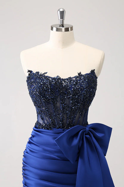 omberprom Navy Sheath Homecoming Dress Strapless Sleeveless Pleated Short Prom Dress with Bow