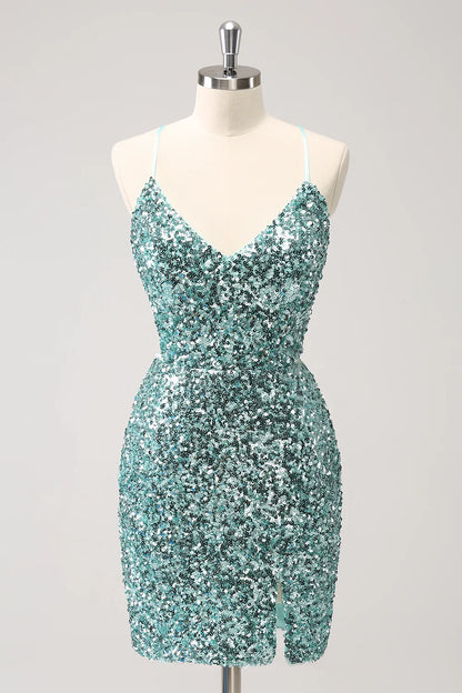 omberprom Short Homecoming Dress Sparkly Blue Tight Lace Up Back Sequin with Slit