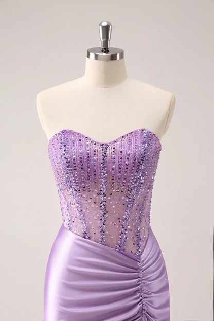 omberprom Charming Homecoming Dress Bodycon Strapless Sequins Ruched with Beading Sparkly