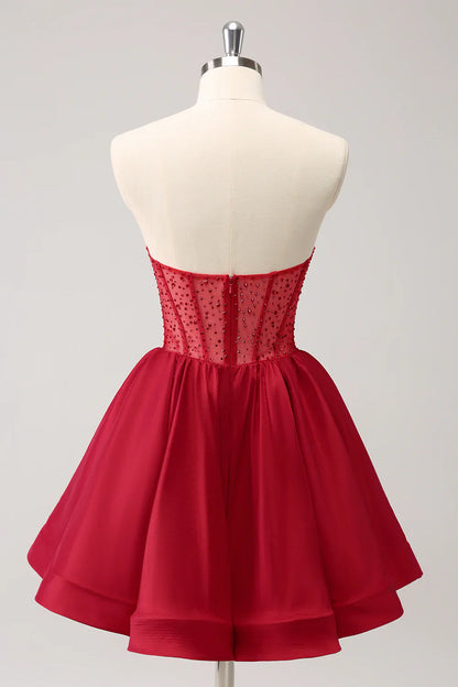 omberprom Homecoming Dress Cute A Line Strapless Corset Ruffle with Beading Graduation Dress