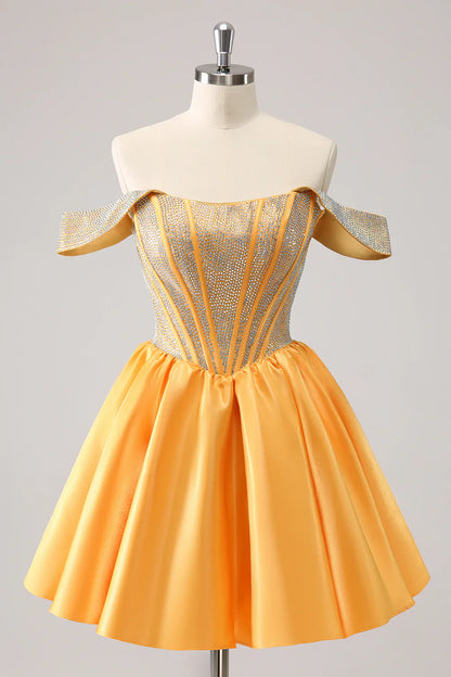 omberprom Homecoming Dress Cute Blue A Line Off The Shoulder Corset with Beading Graduation Dress