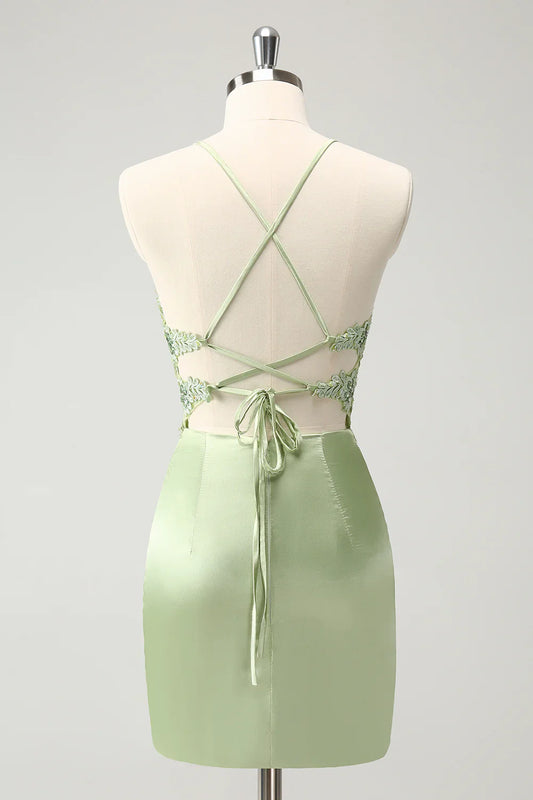 omberprom Stylish Green Homecoming Dress Sheath Criss Cross Back Corset Short with Appliques