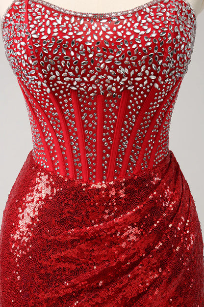 omberprom Short Homecoming Dress Glitter Red Tight Strapless Sequin Corset Slit with Beading
