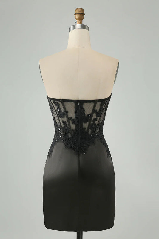 omberprom Short Homecoming Dress Black Bodycon Sweetheart Graduation Dresses Corset with Appliques