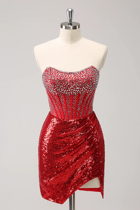 omberprom Short Homecoming Dress Glitter Red Tight Strapless Sequin Corset Slit with Beading
