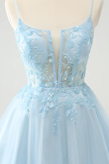 omberprom Cute Homecoming Dress Sparkly Blue A Line Sequins Corset with Lace Up Back