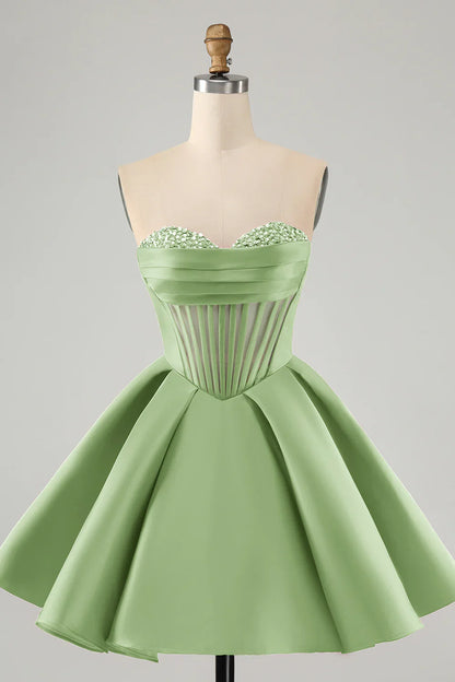 omberprom Homecoming Dress Cute Green A Line Sweetheart Corset with Beading
