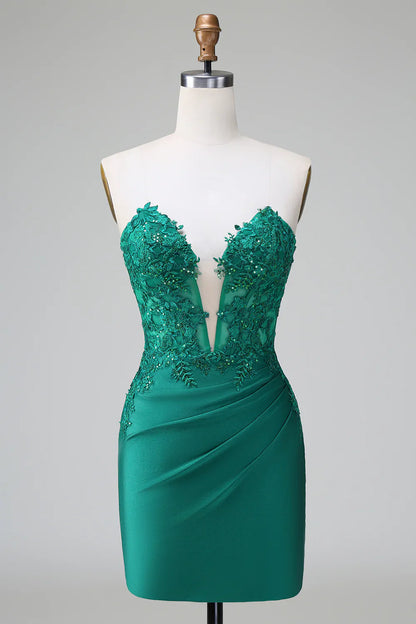 omberprom Homecoming Dress Classy Dark Green Bodycon Strapless Pleated with Beading