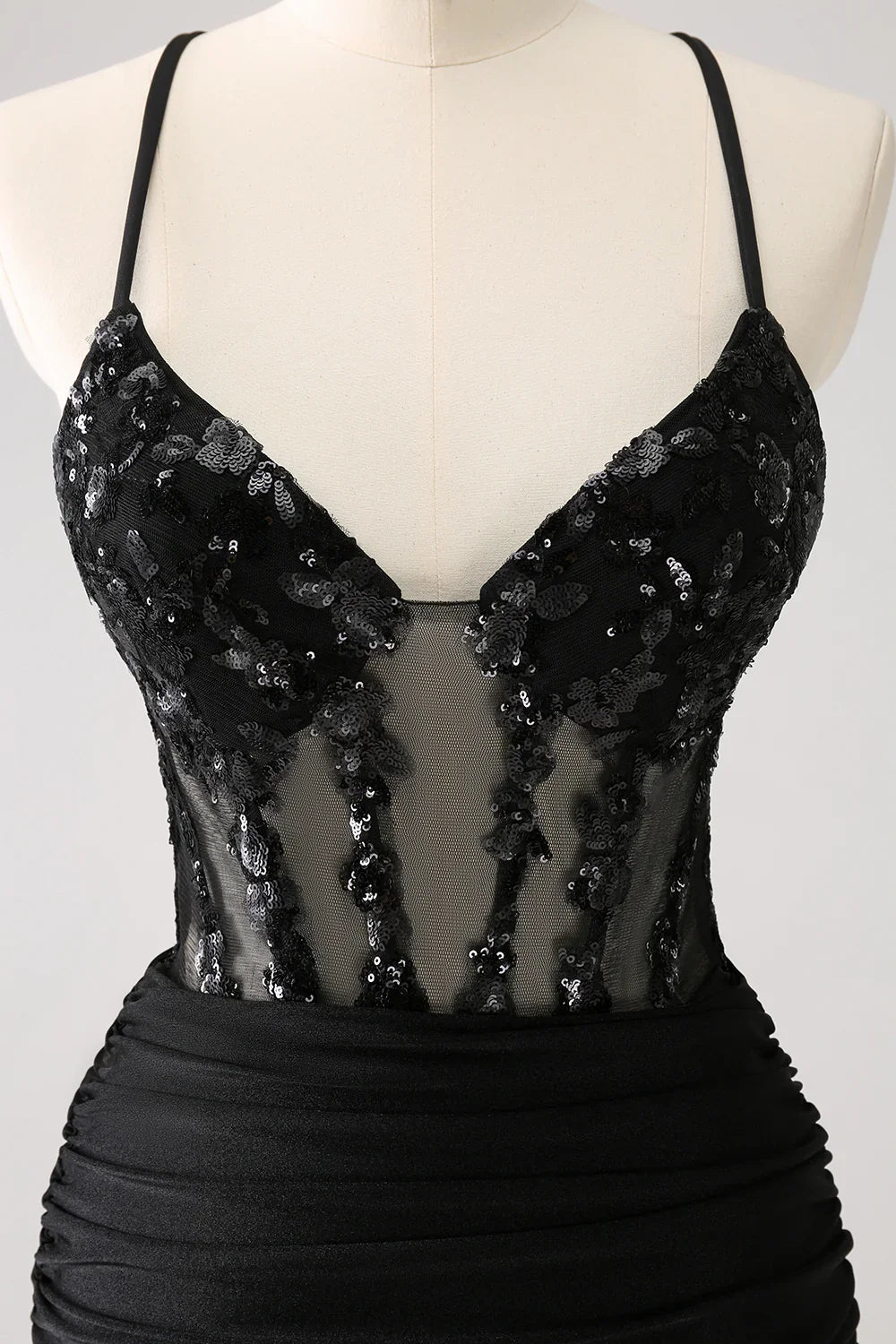omberprom Homecoming Dress Sparkly Unique Black Tight Spaghetti Straps Sequin with Lace Up Back