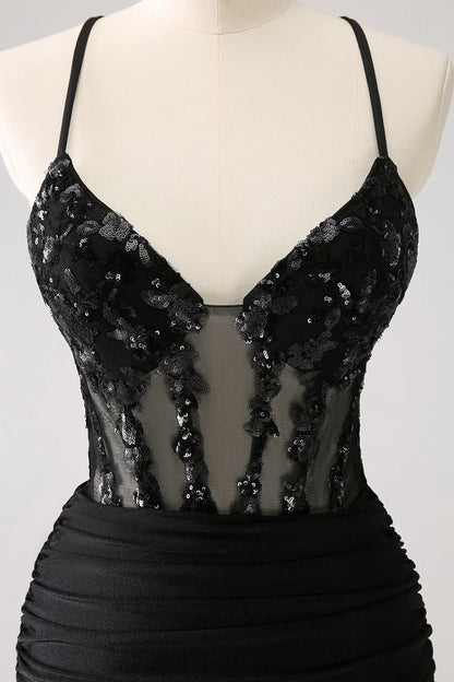 omberprom Homecoming Dress Sparkly Unique Black Tight Spaghetti Straps Sequin with Lace Up Back