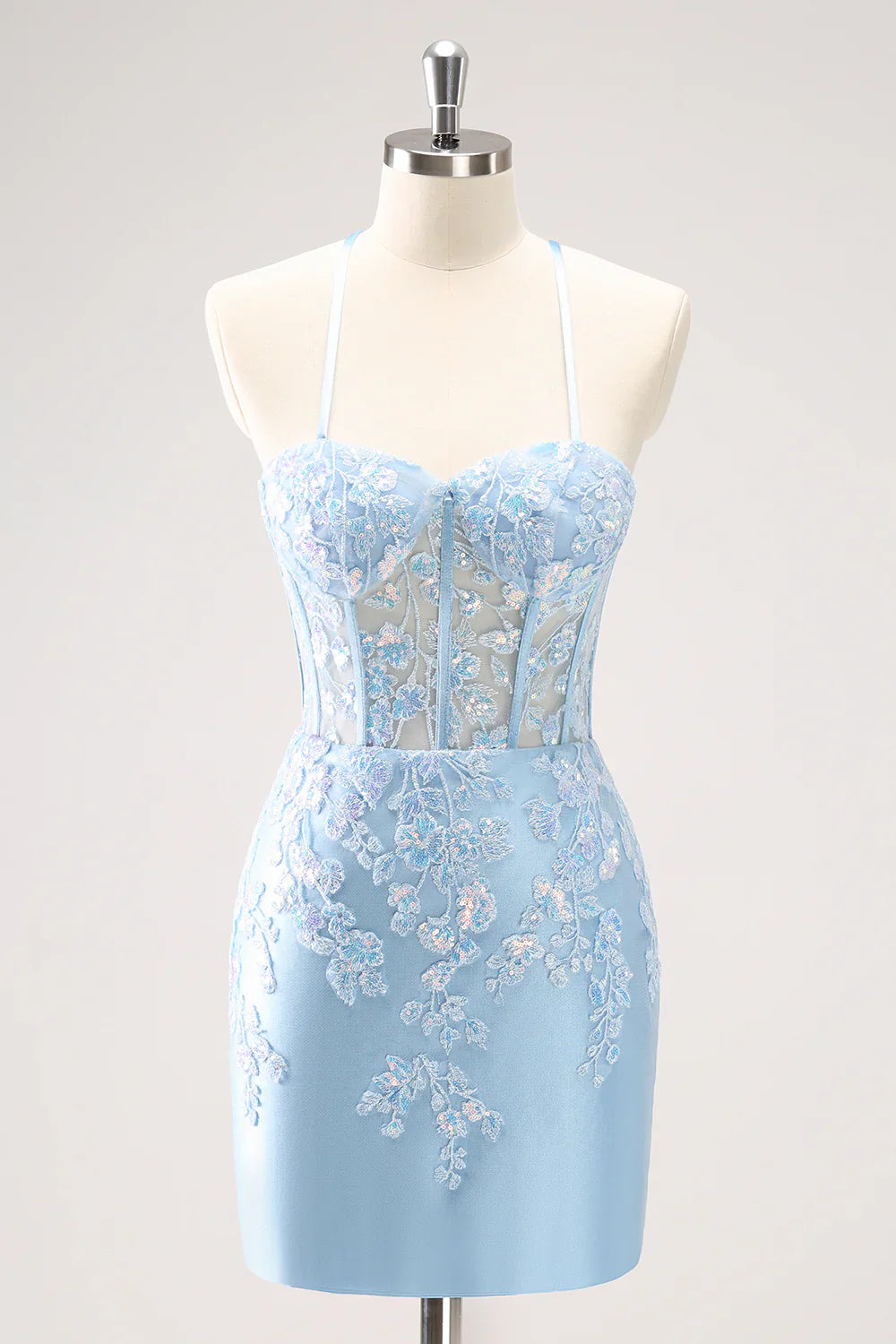 omberprom Sparkly Lilac Homecoming Dress Bodycon Spaghetti Straps Sequin Corset with Appliques